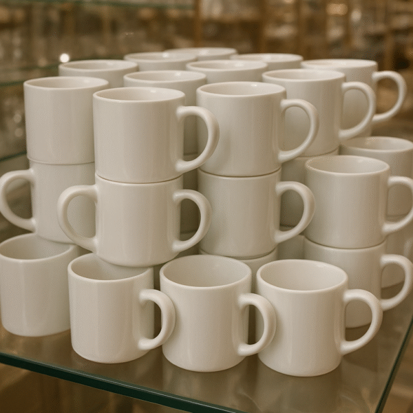 Stack of personalized white ceramic custom mugs in our workshop – ready for your photo, logo, or design – fast shipping in pakistan