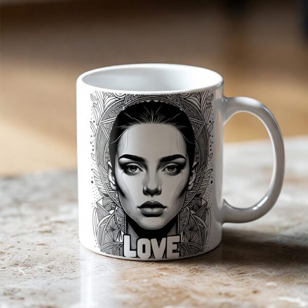 Custom photo mug with your picture plus “Love” text – personalized white ceramic Valentine’s, anniversary, or couple gift mug