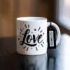 Simple “Love” mug in elegant script on bright white ceramic – romantic personalized gift, anniversary mug, or Valentine’s Day coffee mug