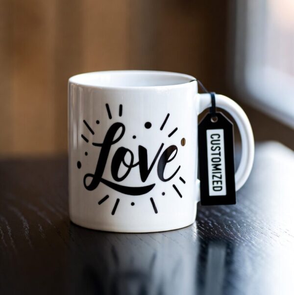 Simple “Love” mug in elegant script on bright white ceramic – romantic personalized gift, anniversary mug, or Valentine’s Day coffee mug