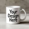 Blank white ceramic mug mockup with “Your Design Here” text – perfect template for personalized photo, logo, or custom printed mug preview