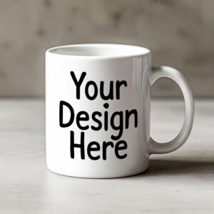 Blank white ceramic mug mockup with “Your Design Here” text – perfect template for personalized photo, logo, or custom printed mug preview